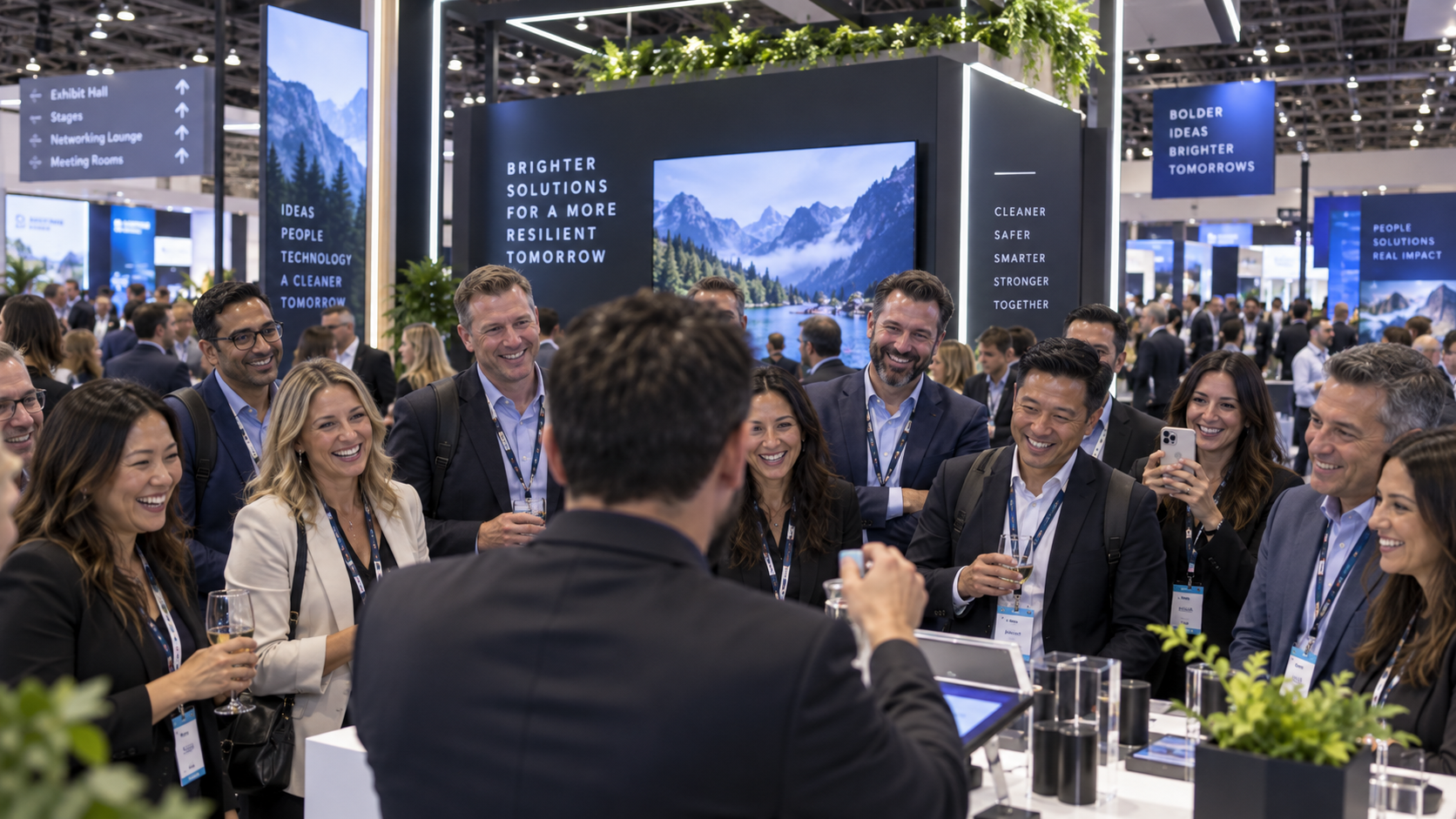 A dense crowd of attendees gathered around one exhibitor booth, seen from inside the booth